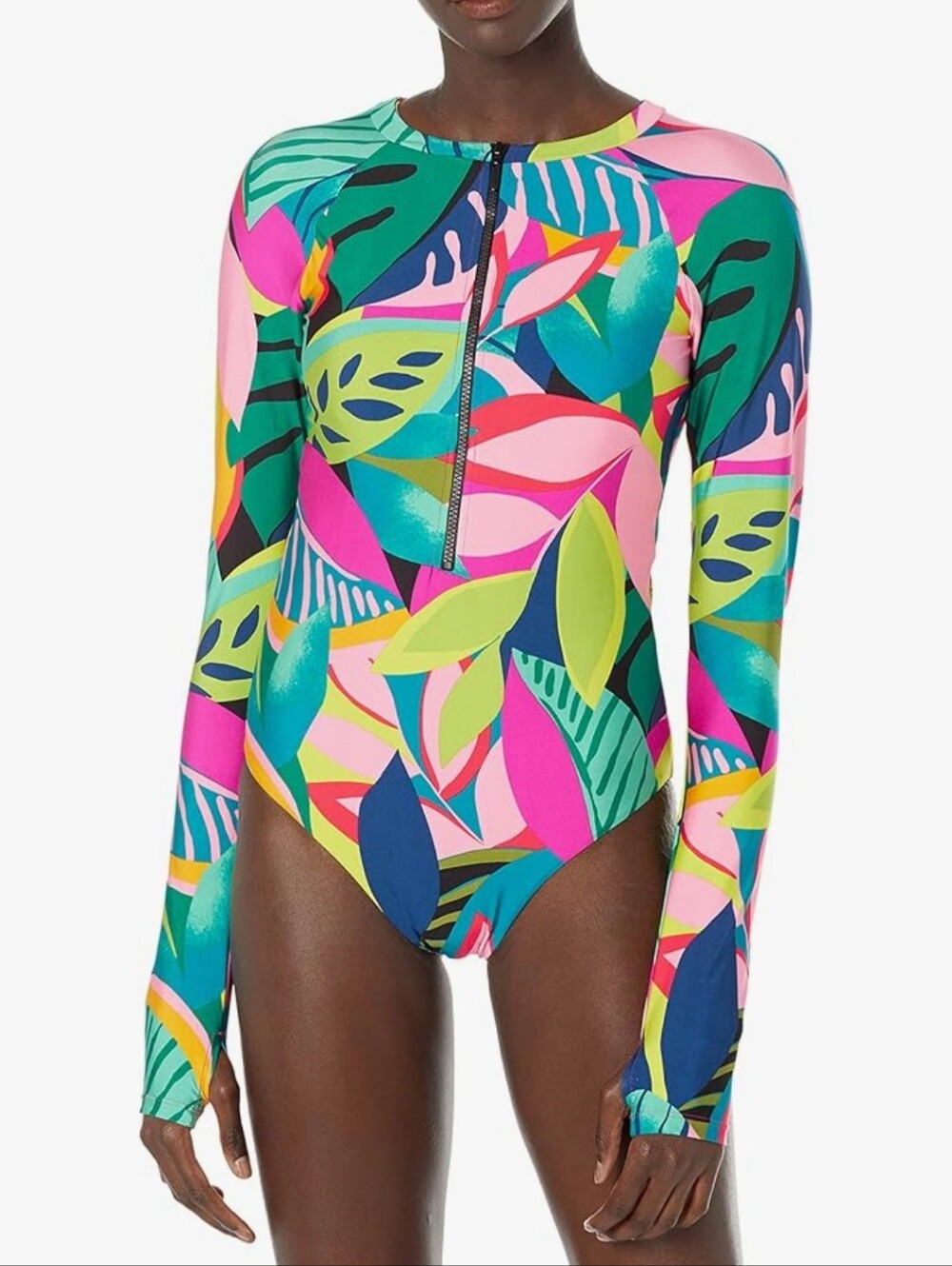 🌞TRINA TURK RAINFOREST OPEN BACK LONG SLEEVE One Piece SWIMSUIT RASH GUARD Lg🌞